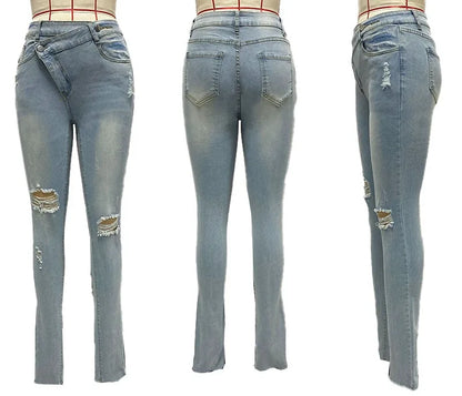 Women Casual Denim Long Pants Ladies Ripped Jeans