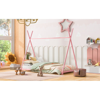 Metal Twin Size House Platform Bed With Triangle Structure - - bed frame