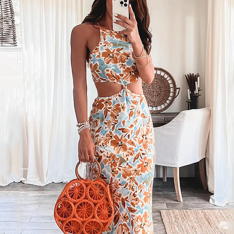 Chic Floral Halter Maxi Dress - - dress
