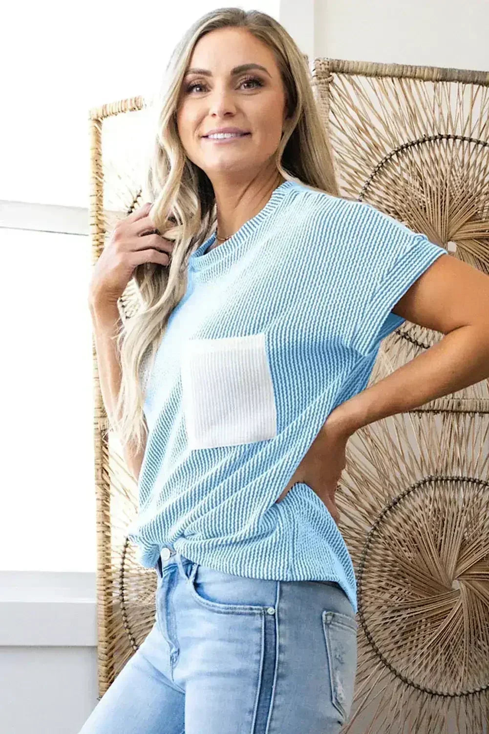 Pink Corded Colorblock Pocket Crew Neck T Shirt - - T Shirts