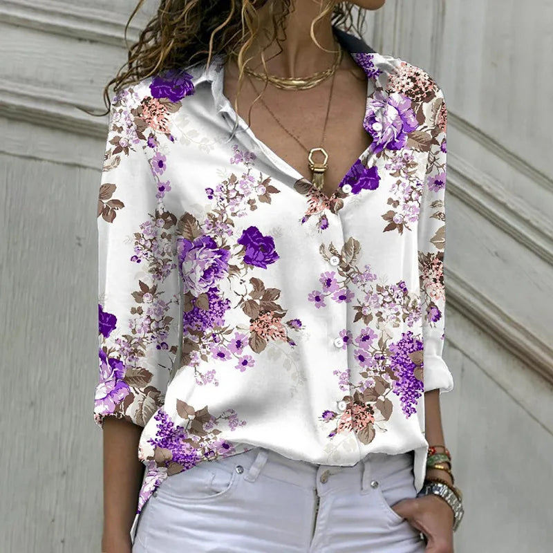 Long-Sleeved Casual Shirt Women Flower Blouse Oversized Loose Lapel Shirts