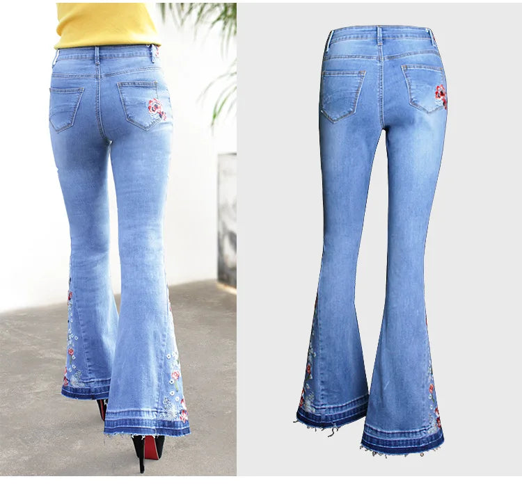 Women Stretch High Waist Embroidery Jeans Wide Leg Floral Denim Long Flared