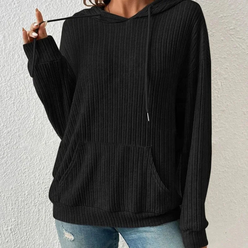 Long Sleeve Round Neck Sweater Hooded Kangaroo Pocket Casual Solid Top