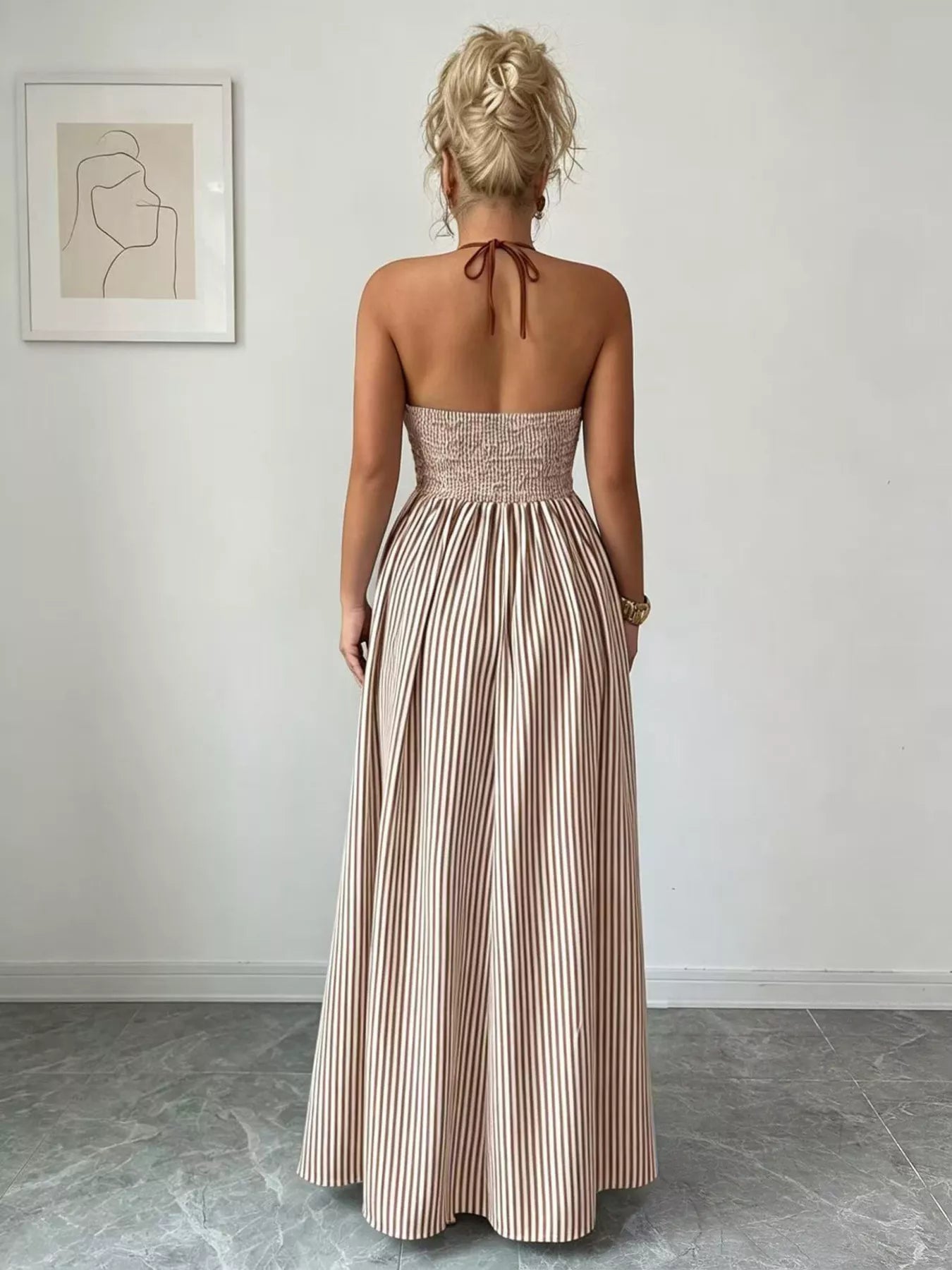Striped Halter Neck Maxi Dress - -