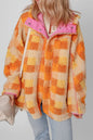 Checkered Long Sleeve Sherpa Hooded Jacket - Tangerine -