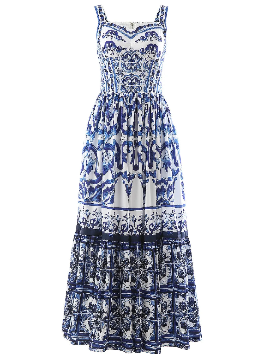 Smocked Printed Wide Strap Dress - -