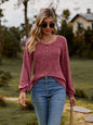 Round Neck Button-Down Long Sleeve Tee - Hot Pink -