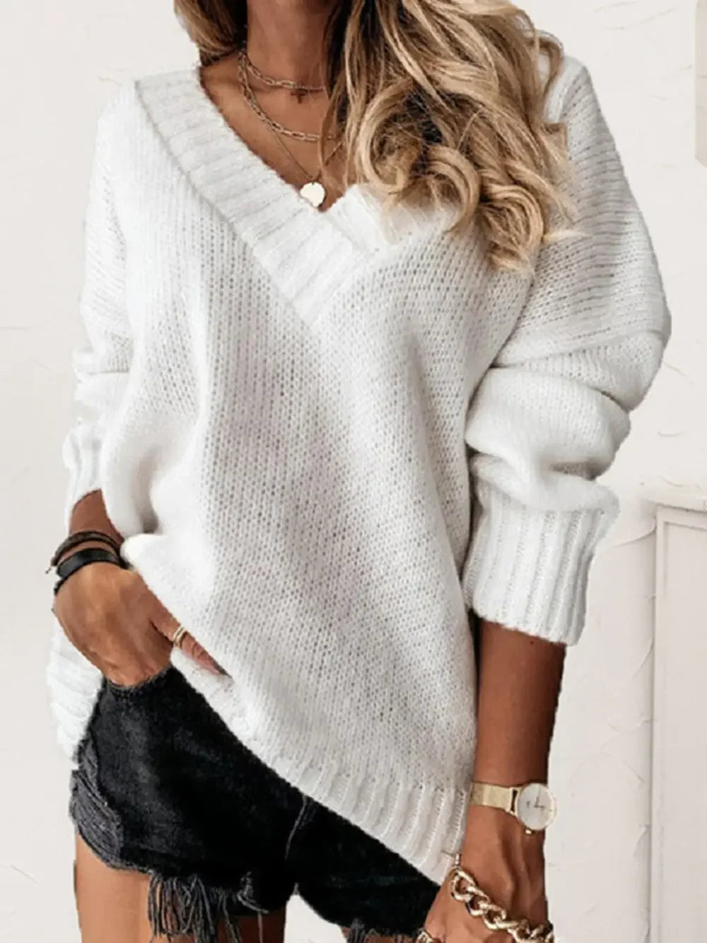 V-Neck Long Sleeve Knit Top - White -