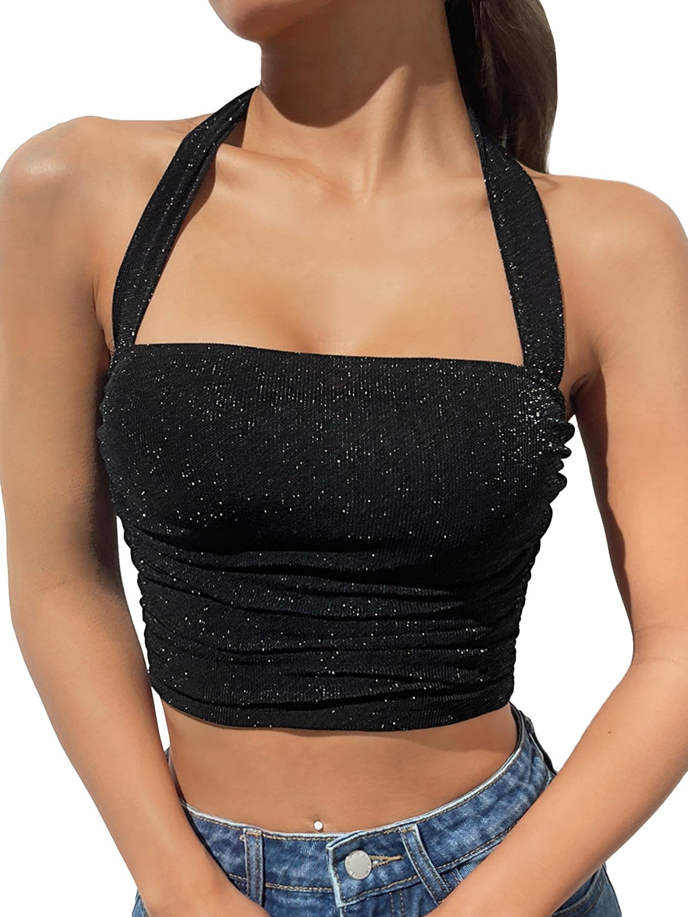 SparkleRush Sleeveless Glitter Halter Top - - halter top