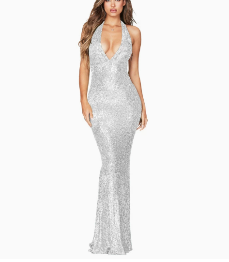 Womens Sequin Halter Fishtail Dress - - dress