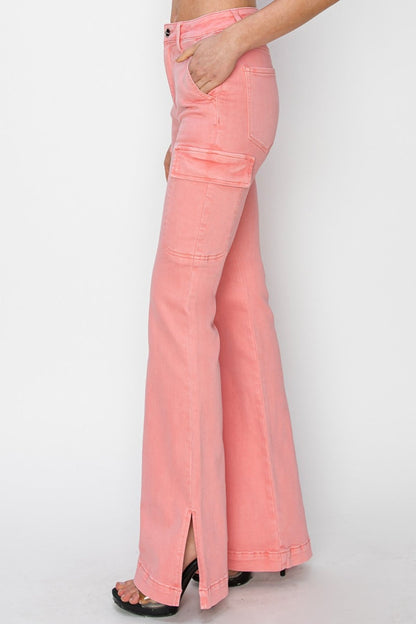 RISEN Pink Side Slit Cargo Bootcut Jeans - - jeans