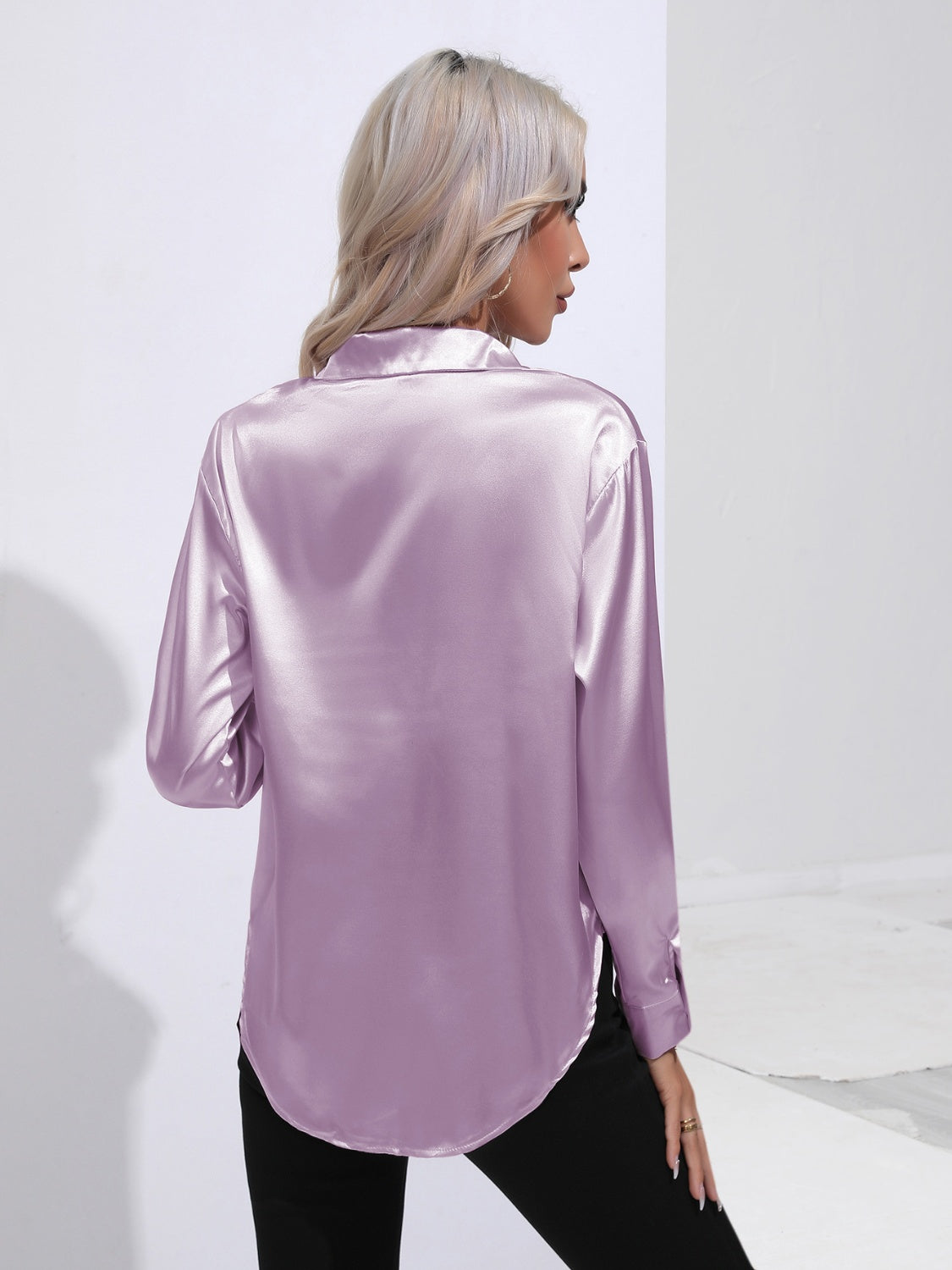 Collared Neck Buttoned Long Sleeve Shirt - -