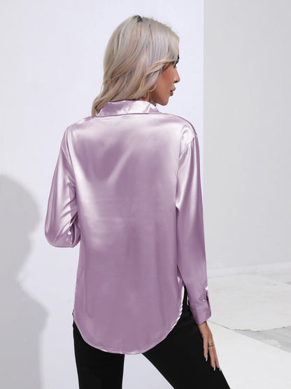Collared Neck Buttoned Long Sleeve Shirt - -