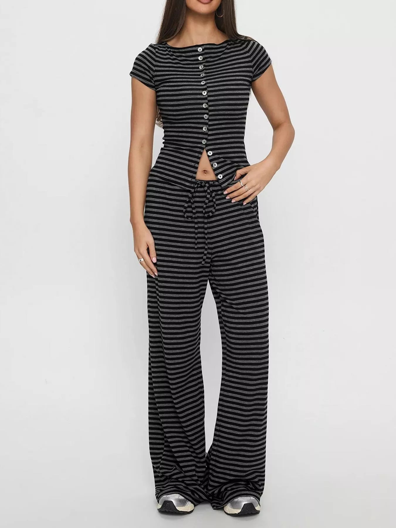Striped Button-Down Top and Wide-Leg Pants Set- Shopimist- {{Product type}}