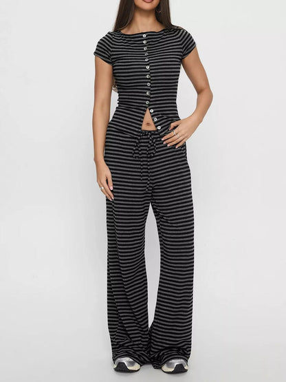 Striped Button-Down Top and Wide-Leg Pants Set- Shopimist- {{Product type}}