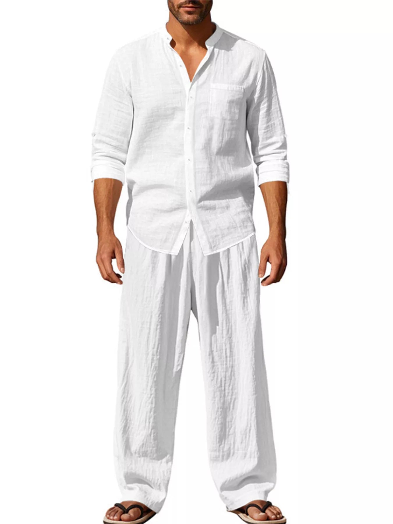 Men's Full Size Button Up Long Sleeve Shirt and Pants Plus Size - White -