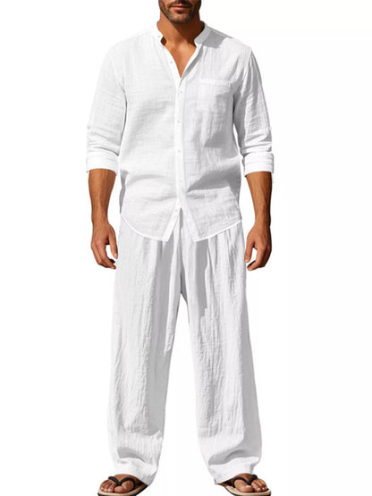 Men's Full Size Button Up Long Sleeve Shirt and Pants Plus Size - White -