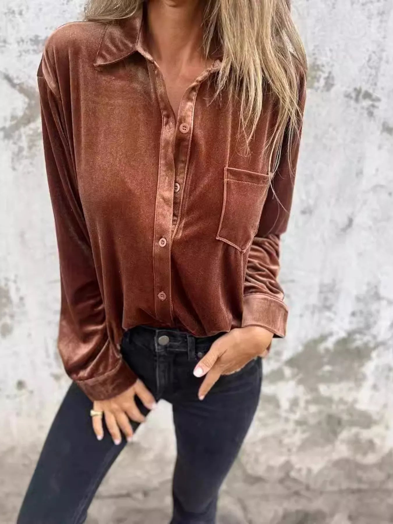 Full Size Velvet Button-Up Long Sleeve Shirt Plus Size - -