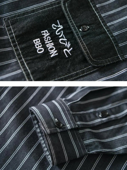 Men's Plus Size Striped Button Up Long Sleeve Shirt - -