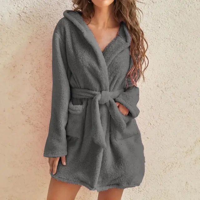 Ladies Hooded Fleece Bathrobe - Gray Large - robe