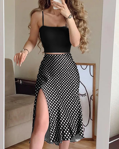 New Women's High Waist Polka Dot Slit Mid-Length Skirt