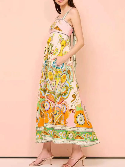 Paisley Print Square Neck Summer Dress - -
