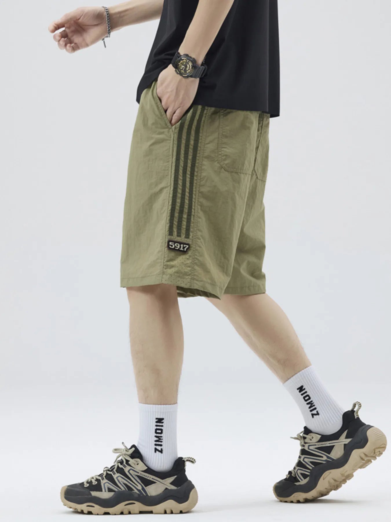 Men's Full Size Casual Loose-Fit Drawstring Shorts with Stripe Detail Plus Size - -
