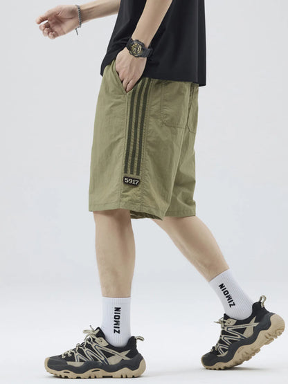 Men's Full Size Casual Loose-Fit Drawstring Shorts with Stripe Detail Plus Size - -