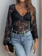 Perfee Lace V-Neck Long Sleeve Bodysuit - Black - Bodysuit