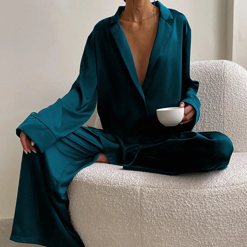 Oversized Satin Low Cut Pajama Single-Breasted Long Sleeve Wide Leg Pants