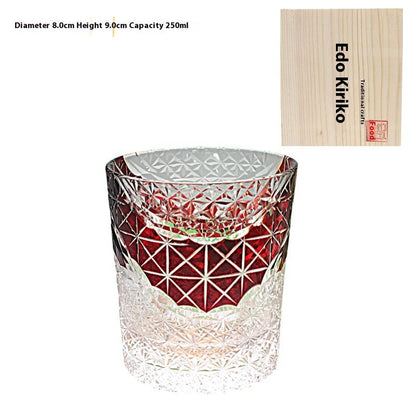 Edo Kiriko Japanese Handmade Cut Glass Cup – Single or Set of 4 - Red Wooden Box - Glass Art