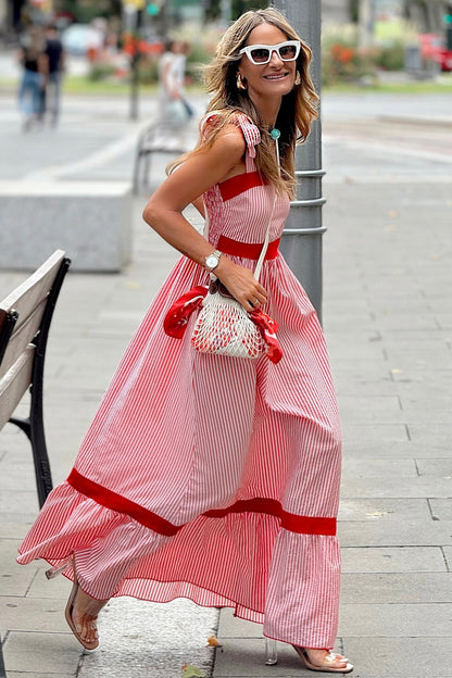 Red Stripe Bow Knot Straps Contrast Trim High Waist Ruffle Hem Maxi Dress- I am a Fashion Junky- {{Product type}}
