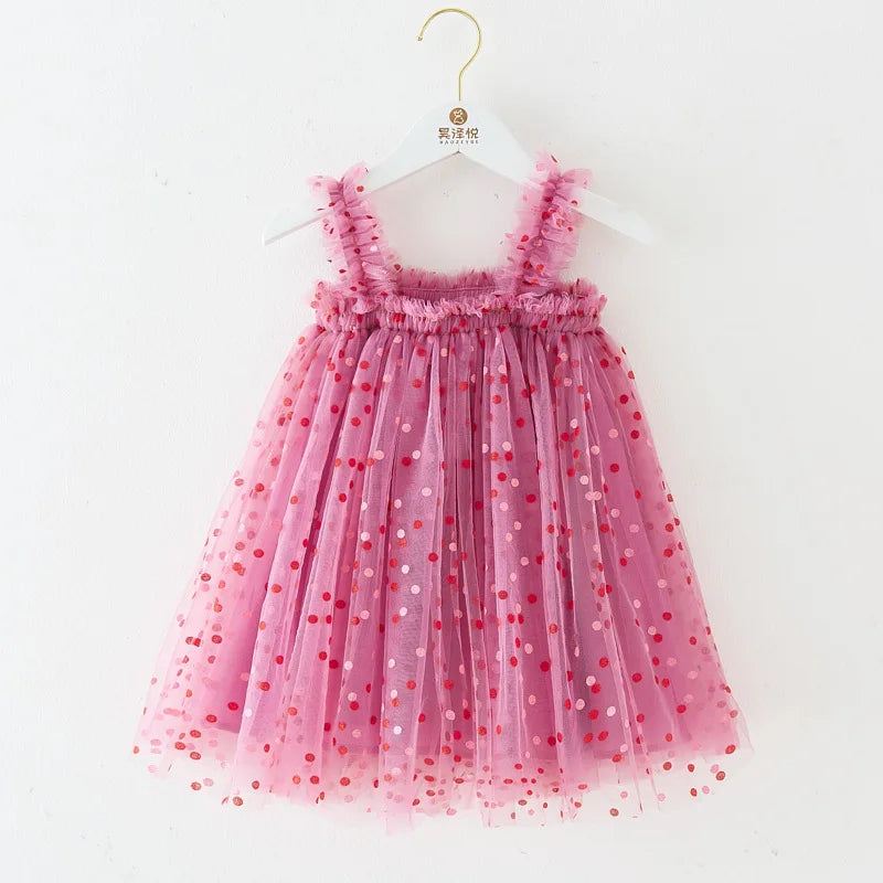 Girls Polka Dot Sequins Mesh Dress Puffy Skirt pink