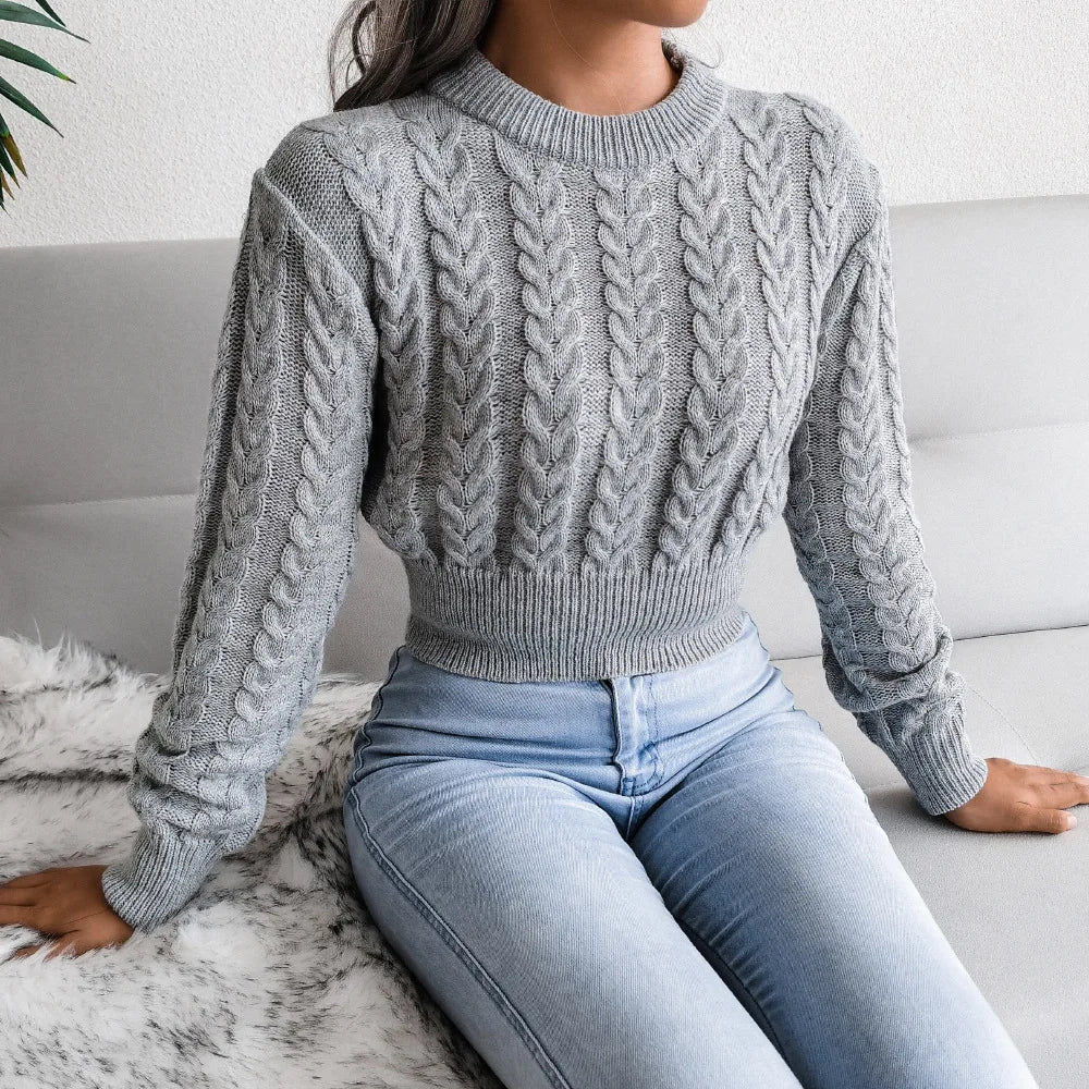 Women Twist Knitted O-Neck Long Lantern Sleeve Slim Knitwear Pullover Top