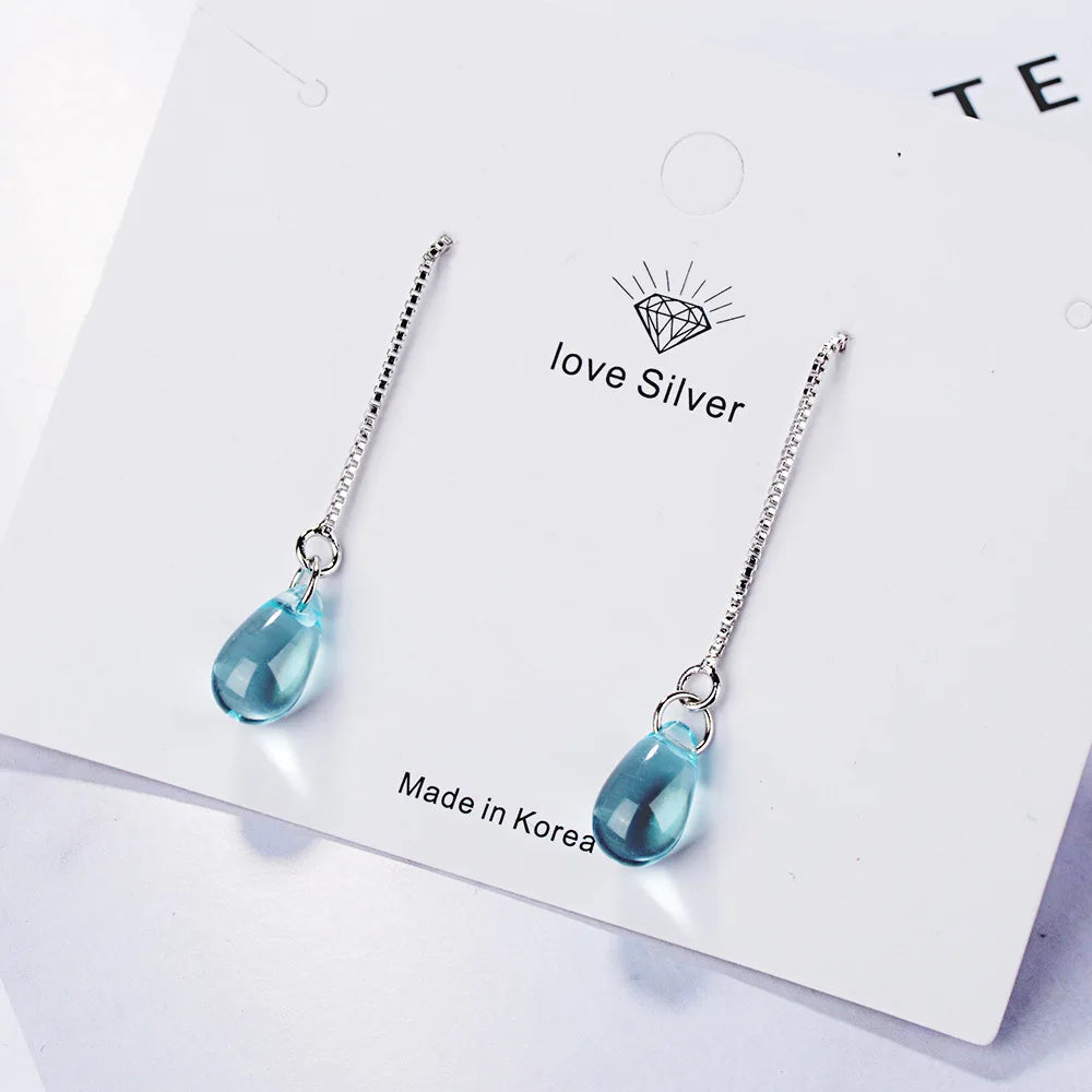 Blue Crystal Water Drop Earrings 925 Sterling Silver Long Tassel Earrings Chain