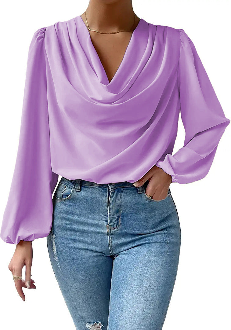 Chiffon Long Sleeve Shirt Loose v -Neck Top