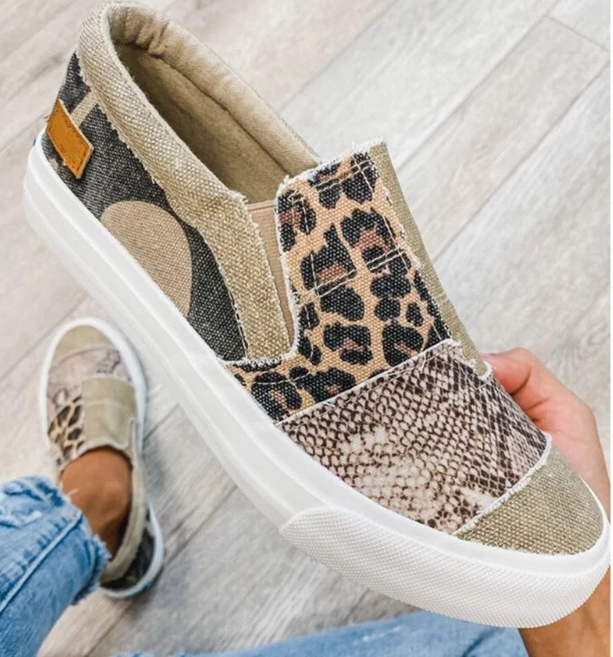 Ladies Casual Leopard PU Canvas Flat Shoes