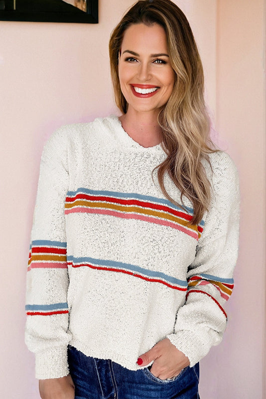 White Multicolored Striped Accent Hooded Popcorn Sweater - - Sweaters & Cardigans/Sweaters