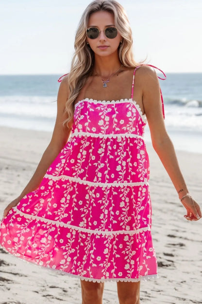 Floral Print Ric Rac Patched Sleeveless Mini Dress - -