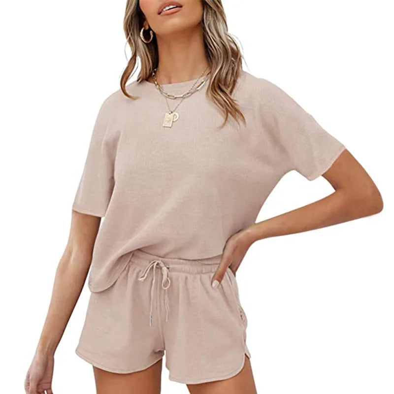 Loungewear Sets Waffle Solid Two Piece Casual Home Wear Shorts Sets T Shirt