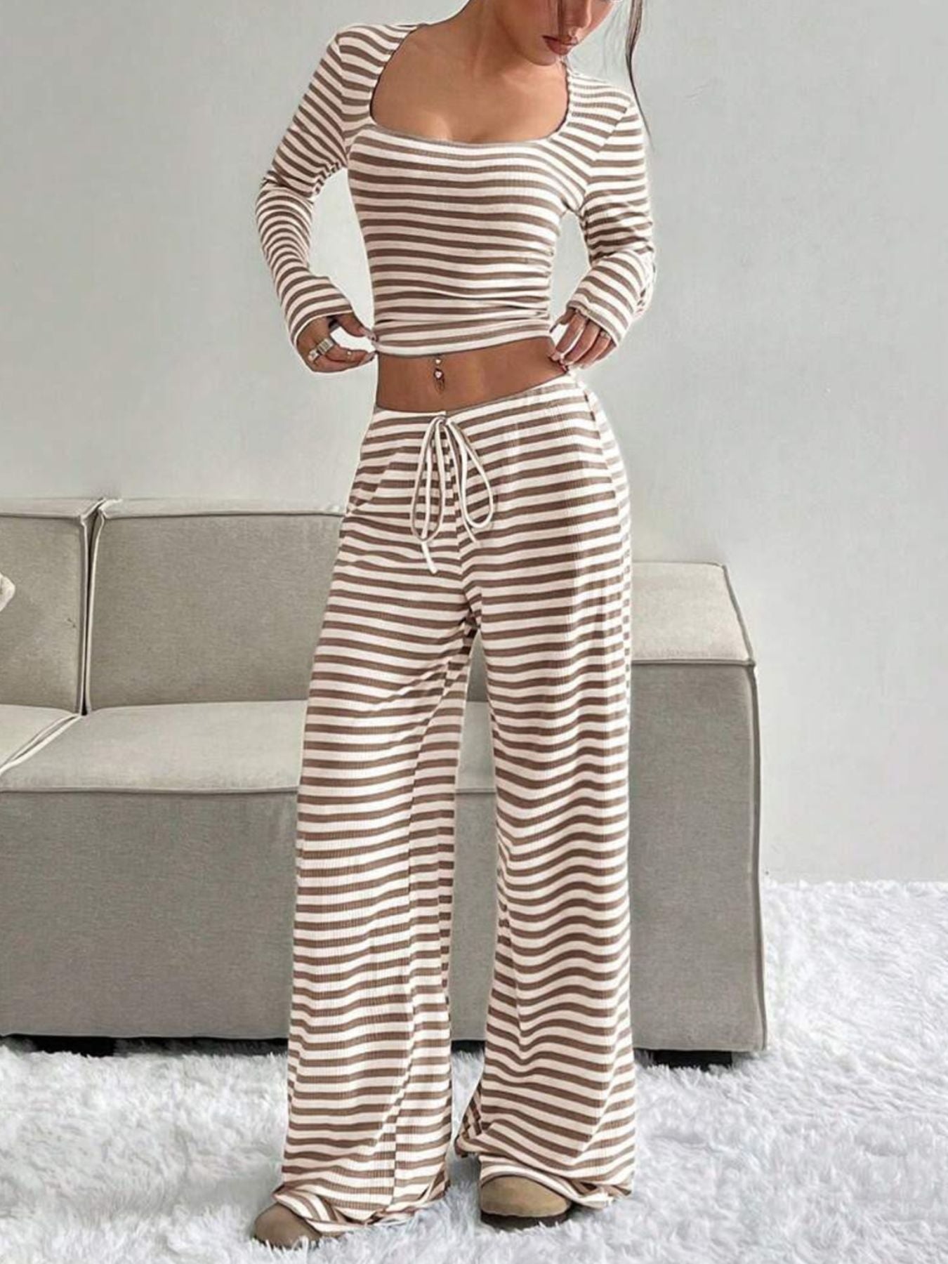 Striped Long Sleeve Crop Top & Wide Leg Pants Set- Shopimist- {{Product type}}
