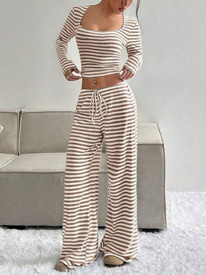 Striped Long Sleeve Crop Top & Wide Leg Pants Set- Shopimist- {{Product type}}