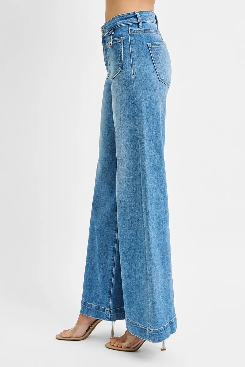 RISEN Light Blue Mid Rise Wide Front Patch Pocket Denim Jeans - - jeans