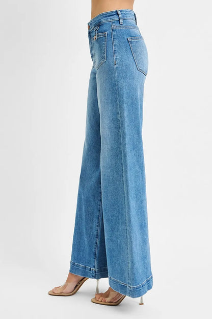 RISEN Light Blue Mid Rise Wide Front Patch Pocket Denim Jeans - - jeans