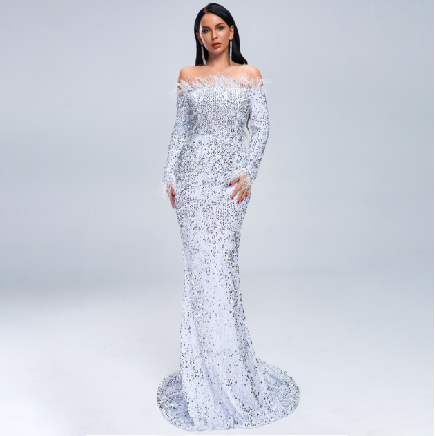 Starlit Sequin Feather Gown - - dress