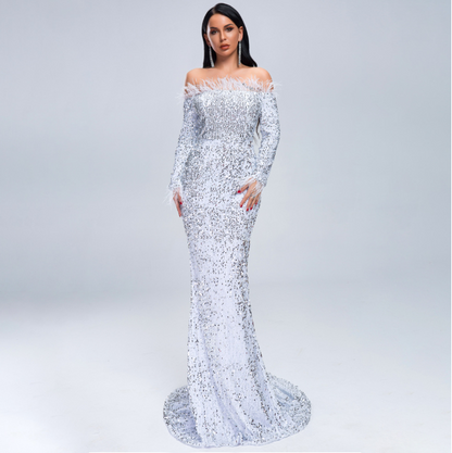 Starlit Sequin Feather Gown - - dress