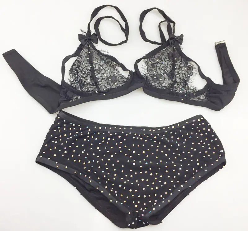 Lace and Mesh Rhinestone Lingerie Bikini Set