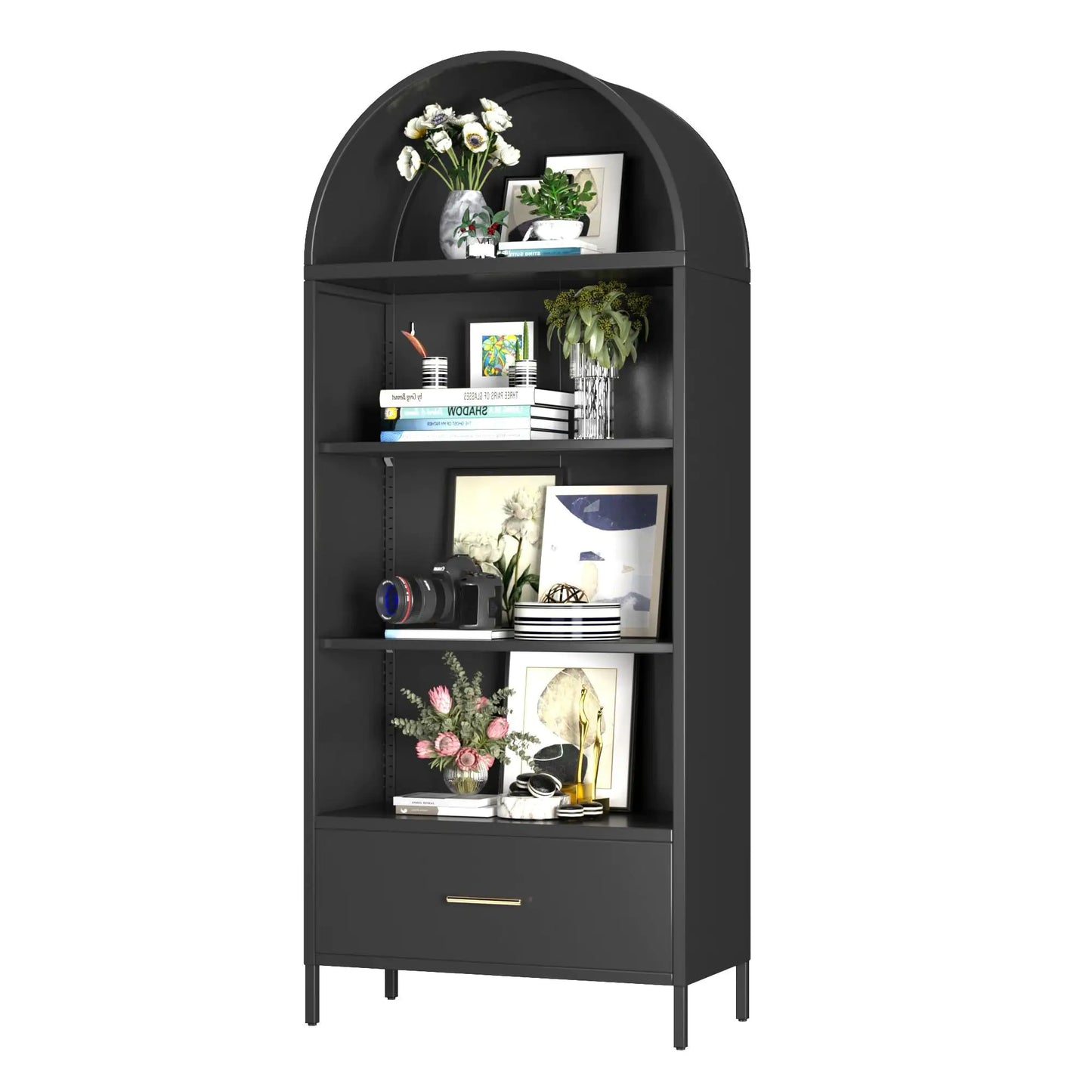 Black Metal Arched Bookshelf with Drawer - - Shelf
