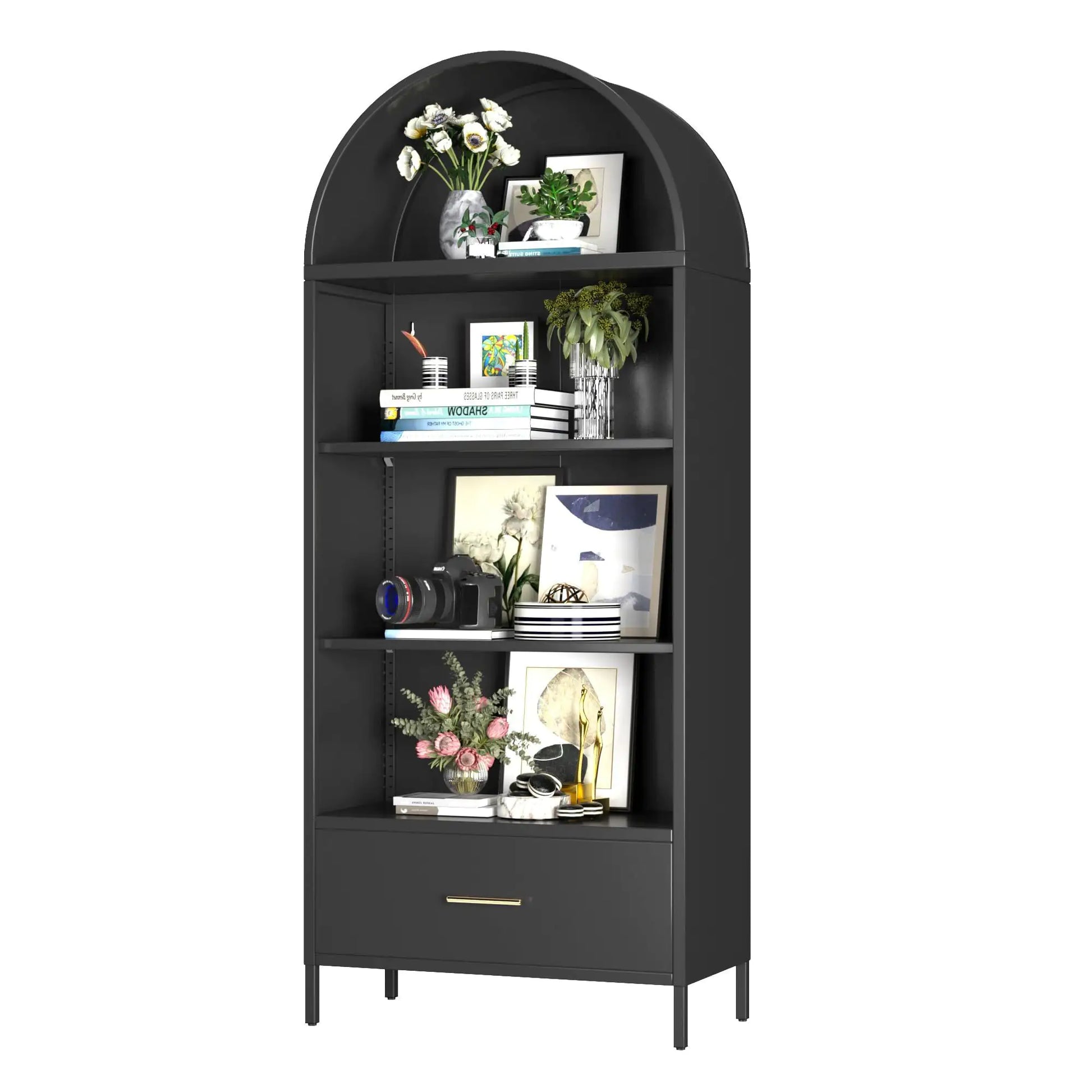 Black Metal Arched Bookshelf with Drawer - - Shelf