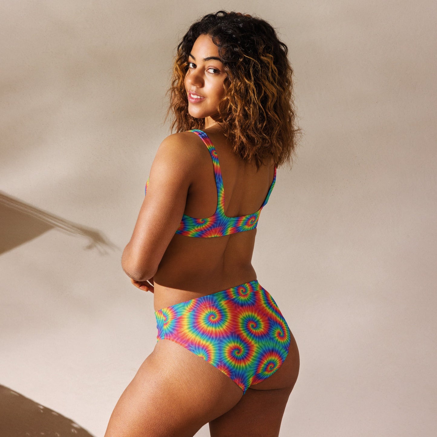 Rainbow Tie-Dye Print Recycled High-Waisted Bikini Set - - Swimwear